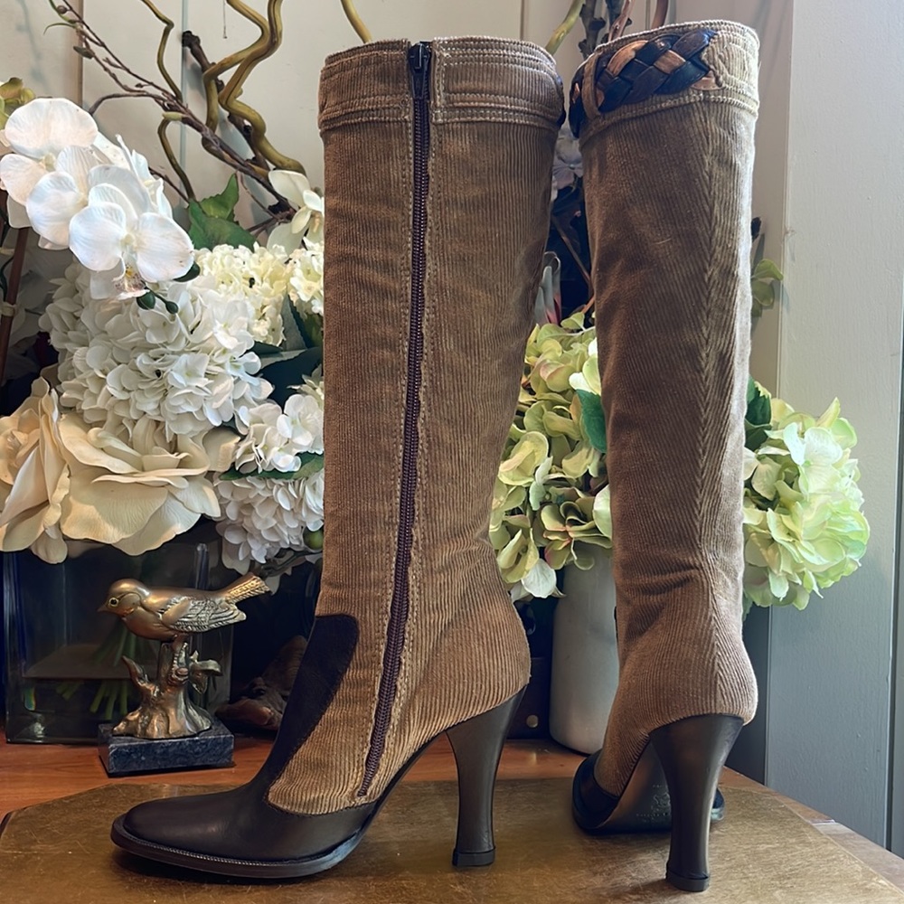 Dolce & Gabbana Heeled Boots in Corduroy and Brown Leather